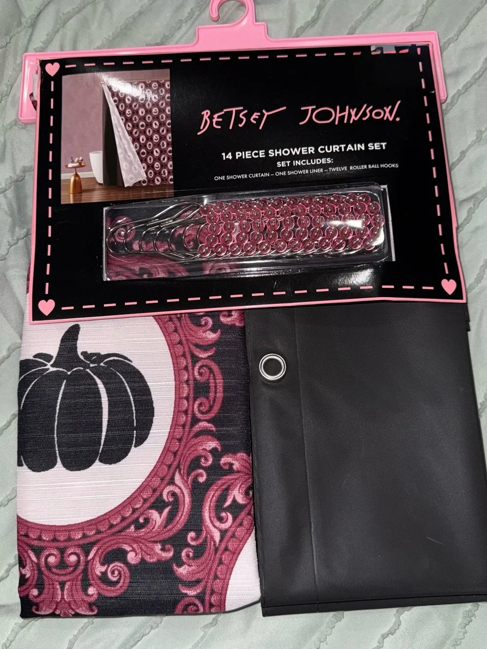 Betsey Johnson Pink and Black Pumpkin Shower Curtain Set
